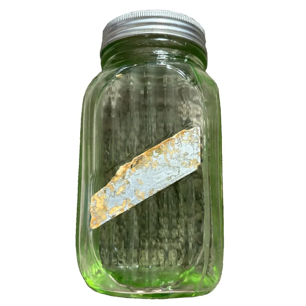 Vtg Hazel Atlas Uranium Vaseline Glass Range Top Shaker Orig Aluminum Lid UV Rx